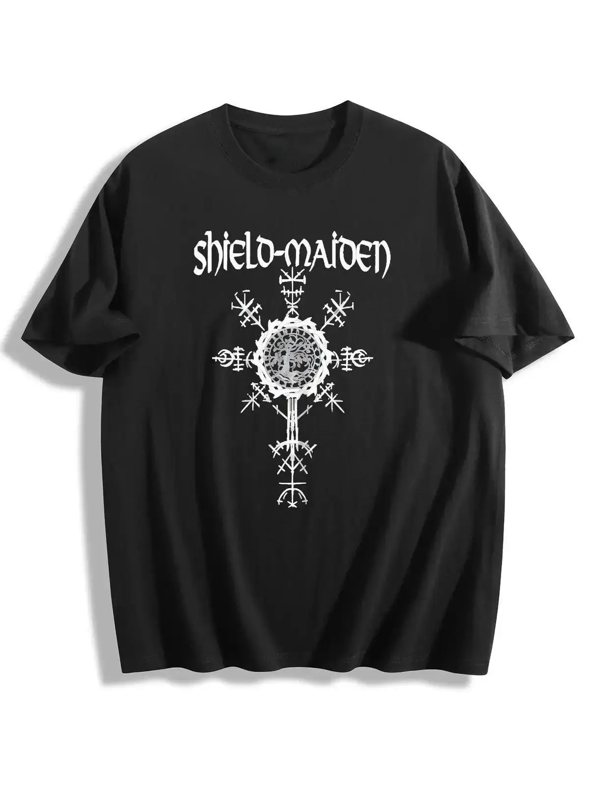 100% Cotton Relaxed Fit Crewneck Short Sleeve T-Shirt, Shield-Maiden Viking Vegvisir Norse Rune Symbol Graphic Unisex Tee, Nordic Viking Warrior Pagan Medieval Fantasy Casual Apparel