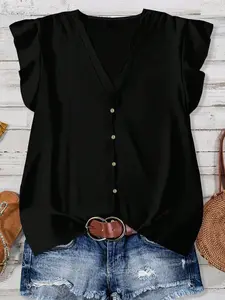 Women's Casual Sleeveless V-Neck Button Decor Shirt, Simple Design, Summer Fashion, Slim-Fitting, Solid Pattern