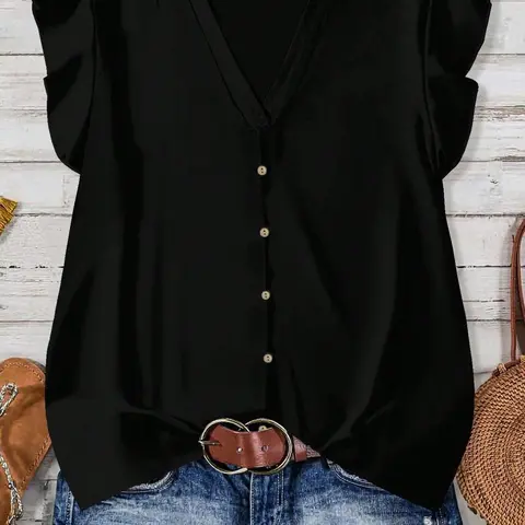 Women's Casual Sleeveless V-Neck Button Decor Shirt, Blouses, Casual Plain Top, Basic Simple Design, Summer Fashion, Slim-Fitting, Solid Pattern, Top