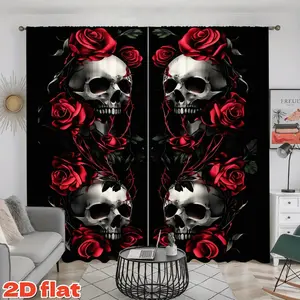 2D Flat 2Pcs Gothic Skull Roses Printed Window Curtains, Black Background, Semi-Shading Polyester Fiber, Rod Pocket Style, For Home Living Room Bedroom Study Bathroom Kitchen Balcony Decor, Halloween Party, Anti-Privacy, Christmas Gift D