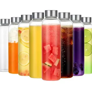 Clear Glass Bottles with multi size, Reusable Glass Water Bottles with Stainless Steel Cap for Refrigerator, Juicing, 100% Leak Proof, BPA Free, Juice Bottle Drinking Jar Containers
