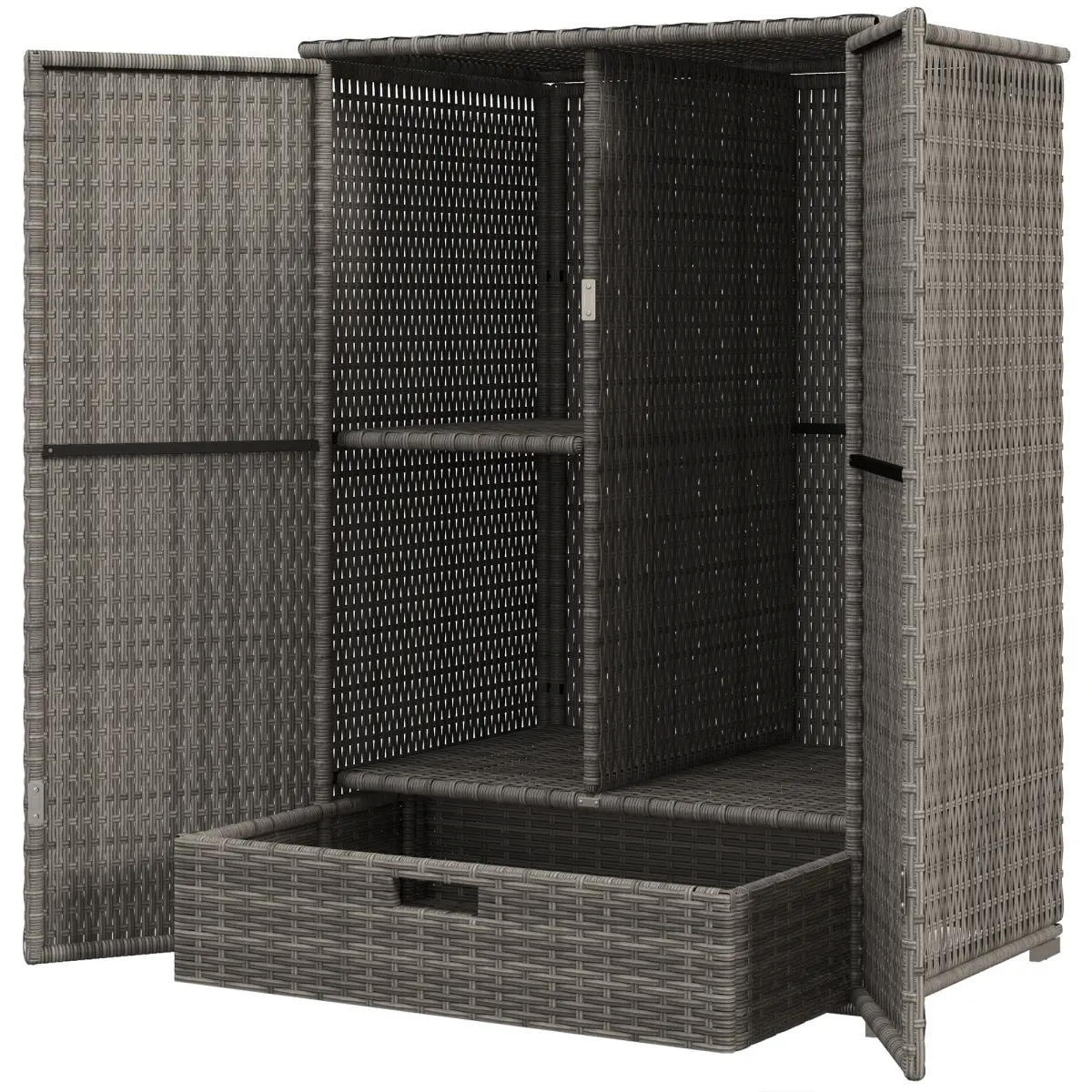 212 MAIN Dark Gray Freestanding Outdoor PE Rattan Wicker Bathroom Storage Cabinet - Steel Frame, Woven Texture, 2 Doors, 1 Drawer (22 lbs), Towel Rack, Swimming Pool Storage, Swim Accessory Organizer, Beachfront & Hot Tub Solution