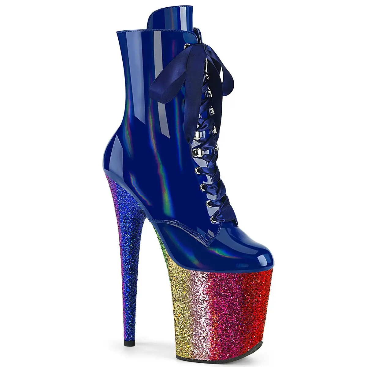 Women's 8-in Heel FLAMINGO-1020HG Royal Blue Holo Patent PU Lace Boots, Stylish Women's Footwear