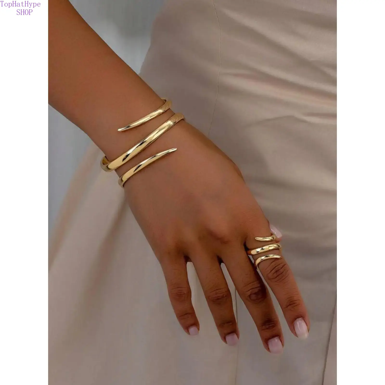 Women’s Elegant Sleek Geometric Wrap Bangle & Ring Set, Exquisite Minimalist Trendy Matching Jewelry, Versatile Fashion Accessory for Daily Styling, Special Occasions & Holiday Gift‑Giving