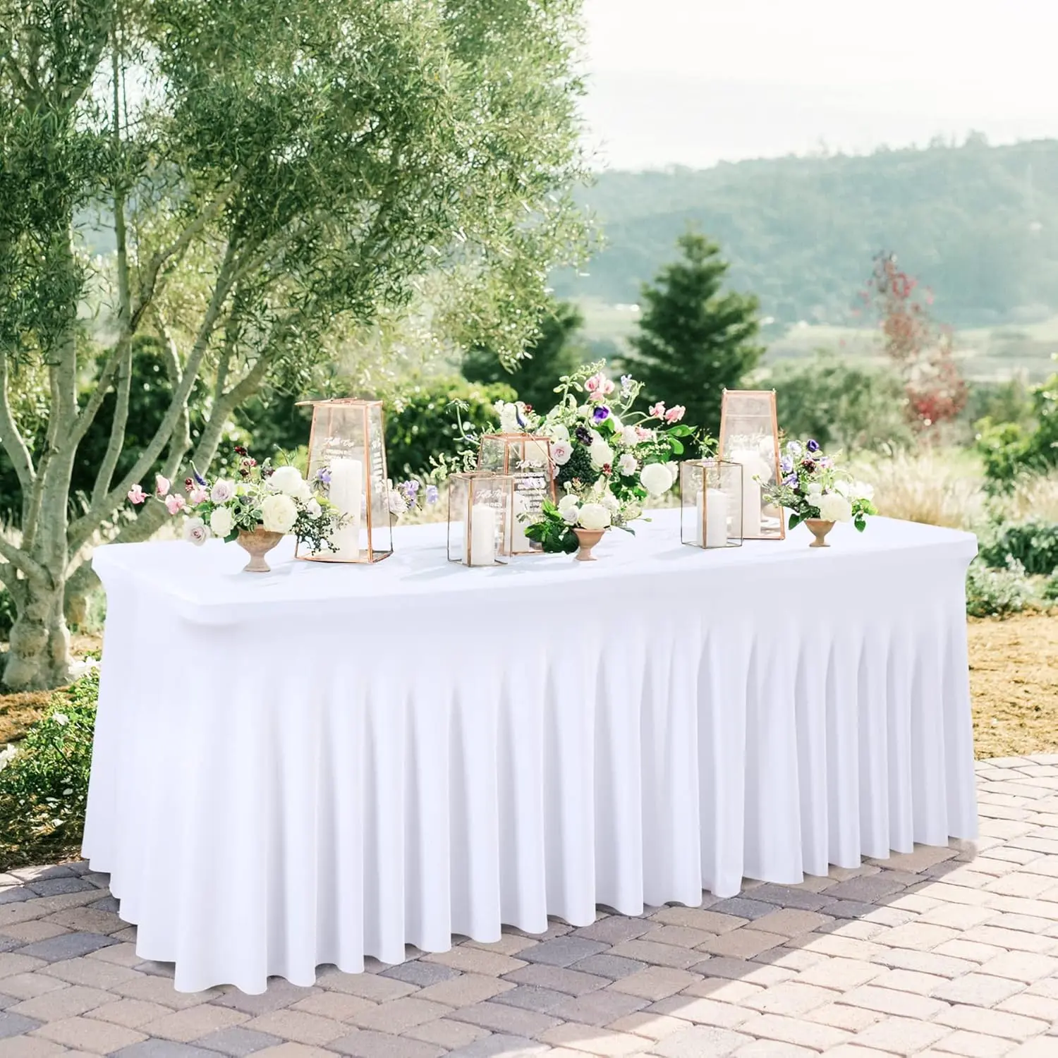 White Tablecloths for Rectangle Tables 8ft Spandex Table Skirt One- Wrinkle-Resistant Ruffles Design for Banquets Parties Wedding Dining Table