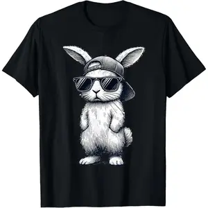100% pure cotton Bunny Face with Sunglasses Cap Easter Day for Woman Men T-Shirt
