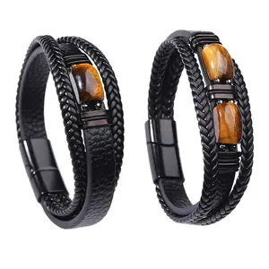 Men's Tiger Eye Black PU Leather Bracelet Natural Tiger Eye Gemstone Crystal Stone Jewelry Handmade Courage And Stress Relief Protection Bracelet