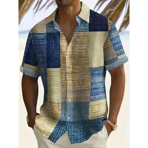 Men'S Casual Short Sleeve Button-Up Shirt with Retro Geometric Pattern - Lightweight, Breathable Polyester, Perfect for Summer Outdoor Activities and Hawaiian Vacations, Vacation Clothing | Casual Style | Polyester Fabric