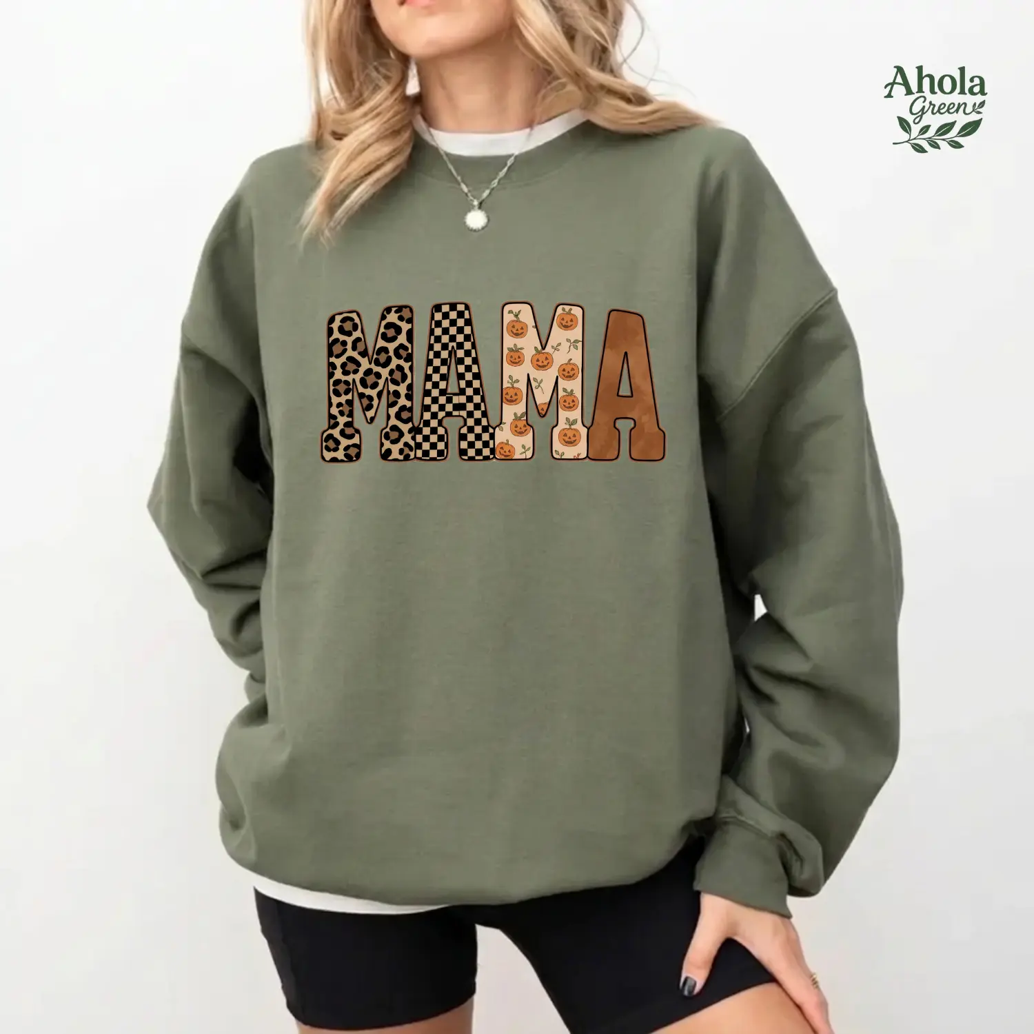 Mama Pumpkin Graphic Sweatshirt, Leopard Checkered Fall Mama Crewneck, Cozy Autumn Graphic Pullover for Women