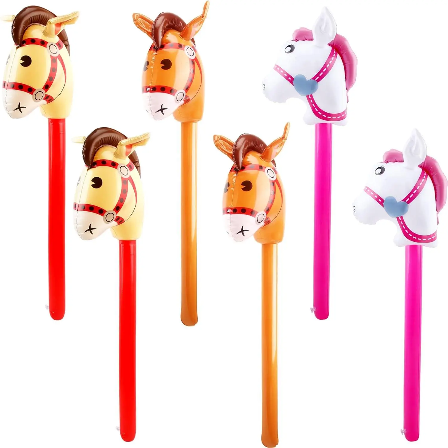 6 PCS Portable PVC Cartoon Stick-Shape Inflatable Horse Head Balloons (40-in, 3-Color) – Kids Outdoor Accessory, Birthday Gift for Horse Lovers, Halloween Cowboy Party Decoration