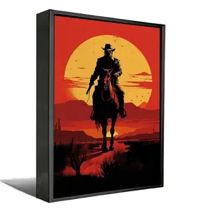 Epic Western Cowboy Canvas Wall Art - Red Dead Sunset Outlaw Poster, Wild West Horse Riding Desert Print, Framed/Unframed Optional Gaming Setup Decor