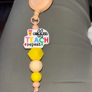 Beaded Keychain with Coffee Teach Repeat Design and Colorful Beads for Teachers and Coffee Lovers