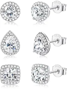Silver Stud Earrings for Women Men Hypoallergenic Round Square Teardrop Cubic Zirconia Stud Earrings Sterling Silver Post Halo Stud Earrings Simulated Diamond Stud Earrings