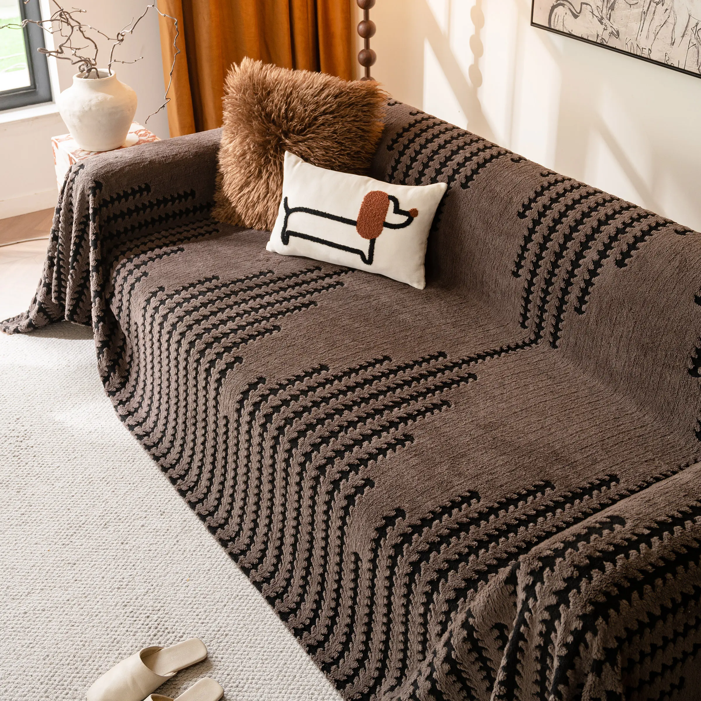 American Country Style Geometric Stripe Sofa Throw Blanket, Modern Minimalist Thick Couch Cover, Couch Covers For Sofa, Couch Slipcover, Quilted Sofa Cover, Pet Friendly, Decorative Sofa Cover, Sofa Furniture Slipcovers