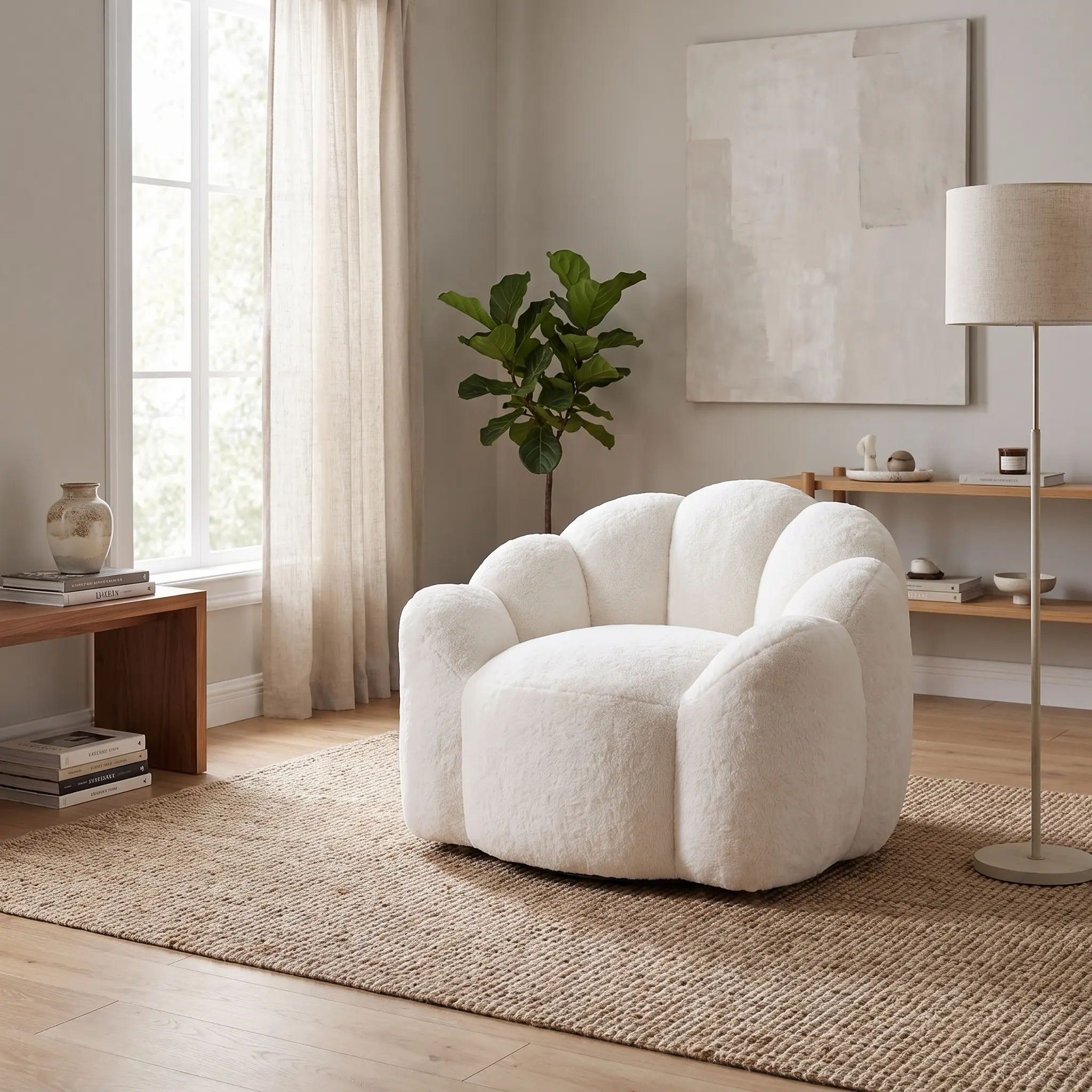 White Lotus Shaped Compressed Bean Bag Sofa with Pull Ring Handle, High Density Foam Armrest Leisure Chair No Assembly for Living Room Bedroom Dorm