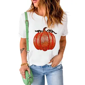 Women's White Sequin Thanksgiving Pumpkin Graphic T-Shirt