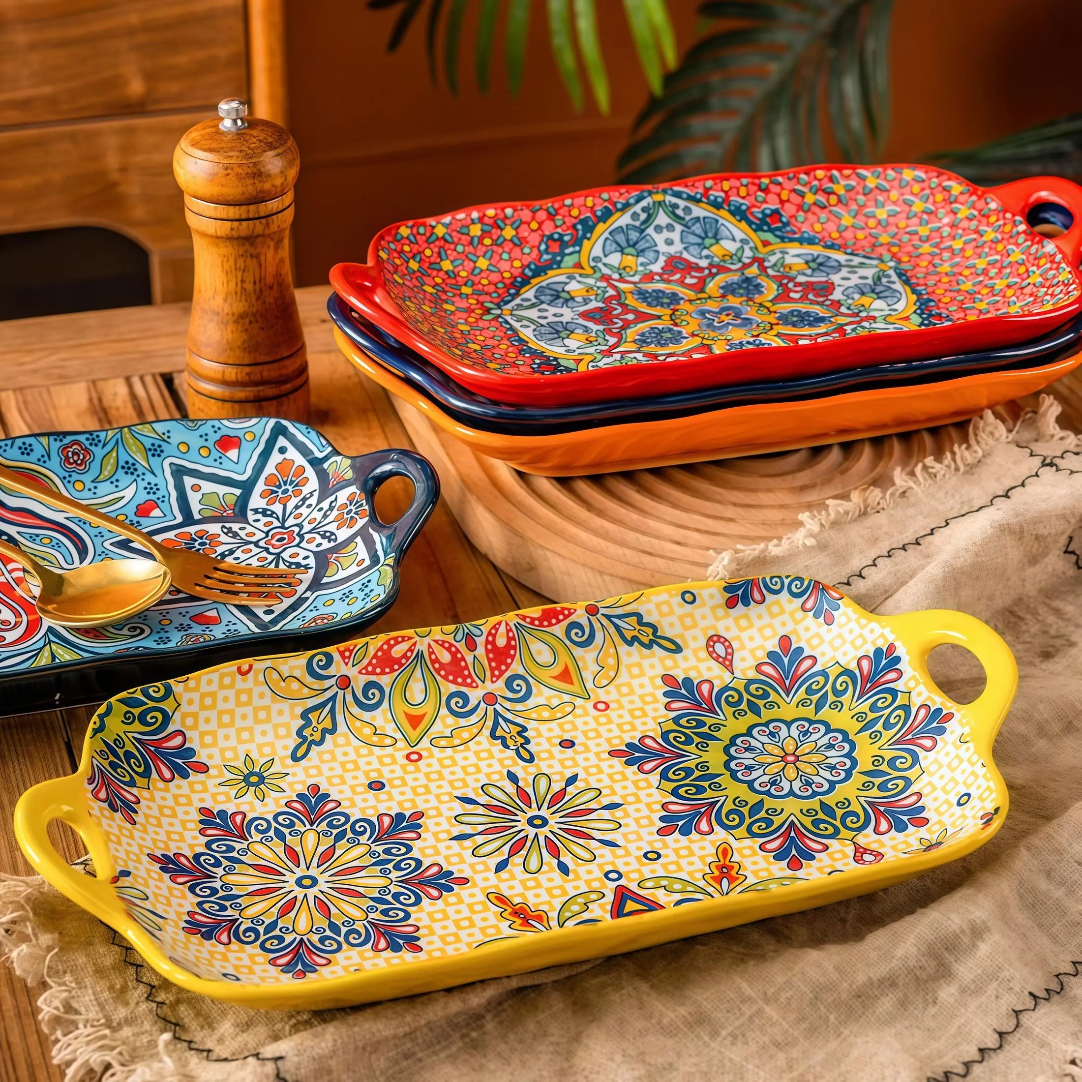 Bohemian Ceramic Rectangular Serving Platters 4 Pack, Handled Serving Trays Oven Microwave Safe for Charcuterie Fruit Pasta Salad Party Dinner Tableware