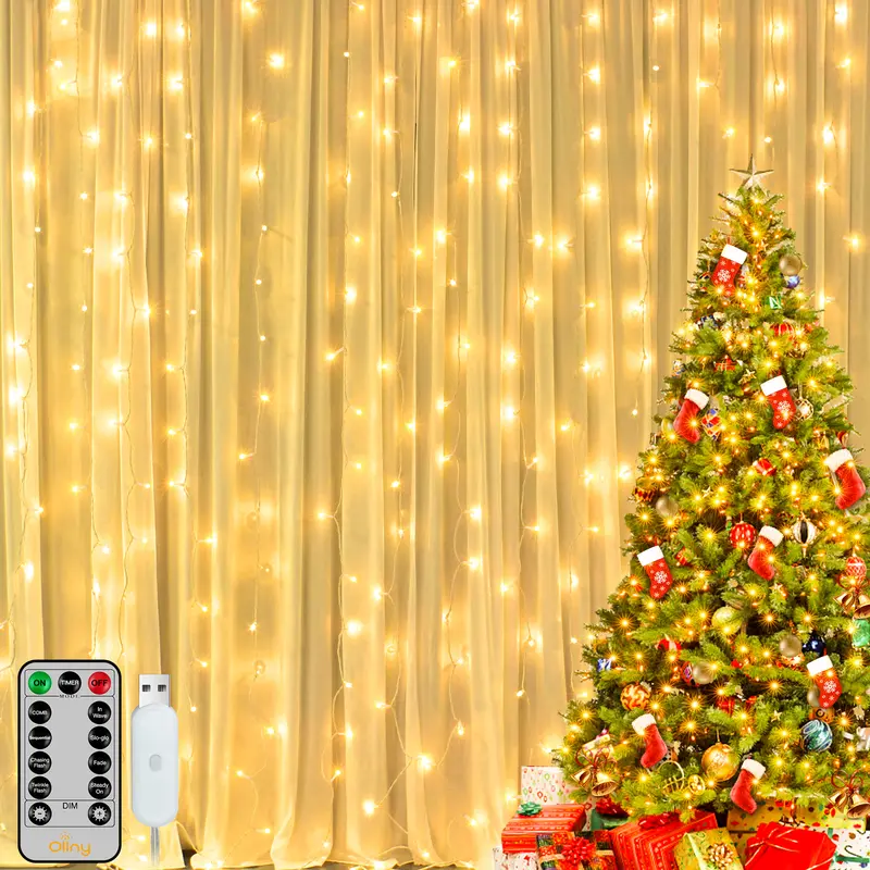 Ollny 200LED Curtain Fairy Lights, 6.6x6.6ft USB Plug-In Remote-Controlled 8-Mode Dimmable Timer Decorative LED Lights Bedroom, Waterproof for Thanksgiving, Home, Patio & Weddings