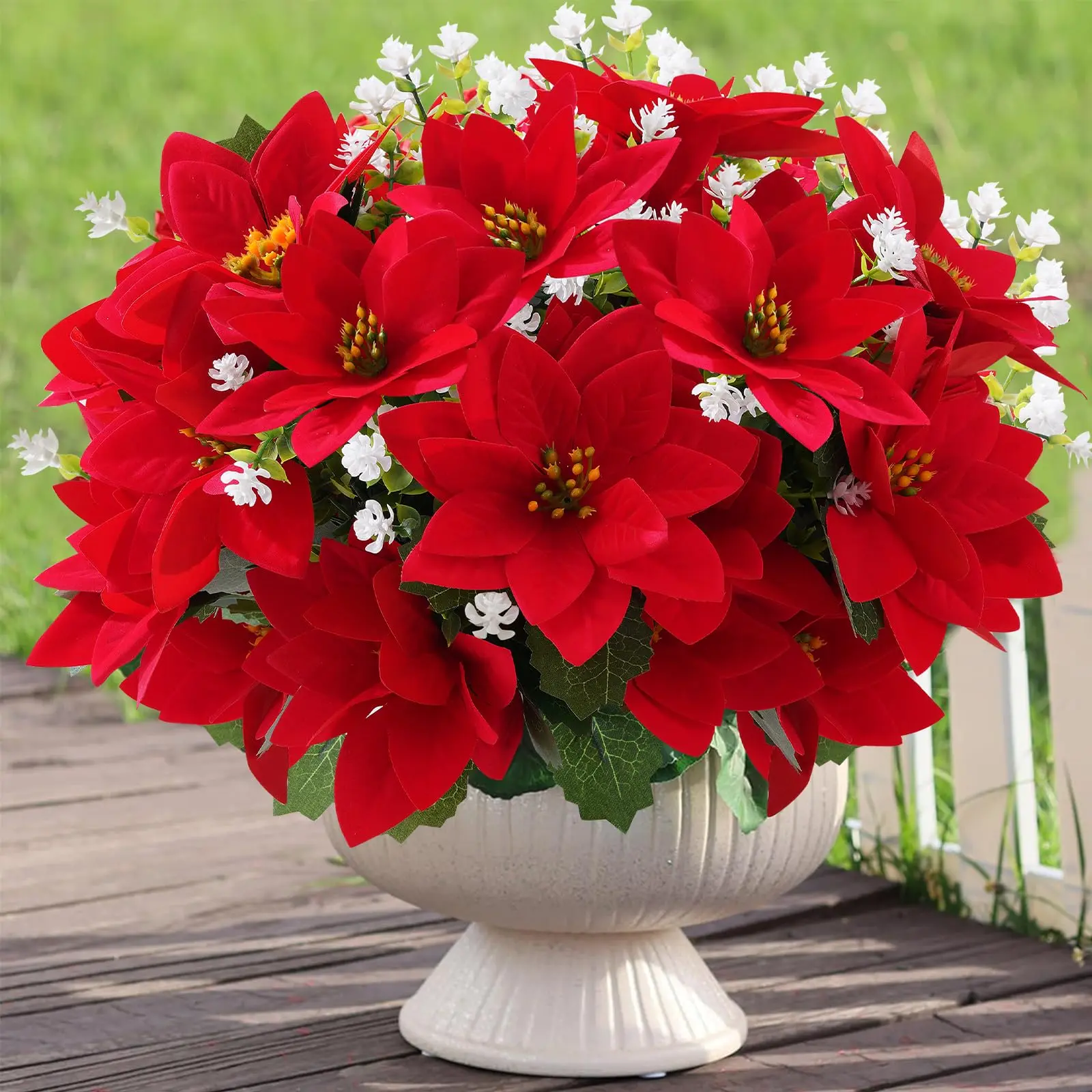 Outdoor Artificial Flowers, Christmas Poinsettia, 12 Bundles Mixed Fake Plants, Artificial Decorative Flowers, UV-Resistant, Ideal for Garden, Porch, Home Decor