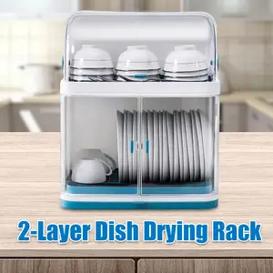 Kitchen Dish Rack Drain 2-Layer Bowl Cup Plate Dish Drying Drainer with Cover Organiser