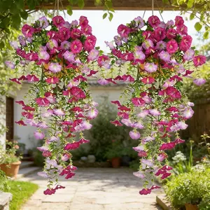 2 Artificial Hanging Violet and Eucalyptus Flowers - UV Protective, Rainproof, Vibrant Orange Flowers with Green Leaves, Indoor/Outdoor Decoration, Suitable for Weddings, Porch, Patio, Garden Decoration, Courtyard Decoration