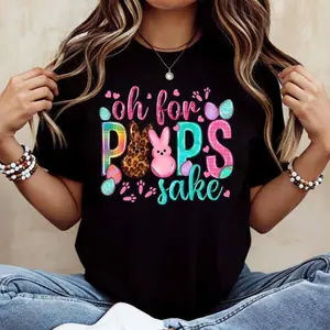 Oh For Peeps Sake Easter Bunny Rabbit Cotton T Shirt Women's Casual Round Neck Short Sleeve Regular Fit Summer Top Machine Washable USA Made Fashion Graphic Tee for Easter Party Fun Holiday Wear