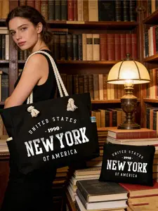 New York Ombre Ink Painting Effect Tote Bag Set - Large Capacity Tote Bag And Matching Small Pouch, Durable Reusable Shopping Bag For Daily Use, Church Outings, Travel And Work, Travel Tote, Vacation Storage Bag, Large Capacity Tote Bag