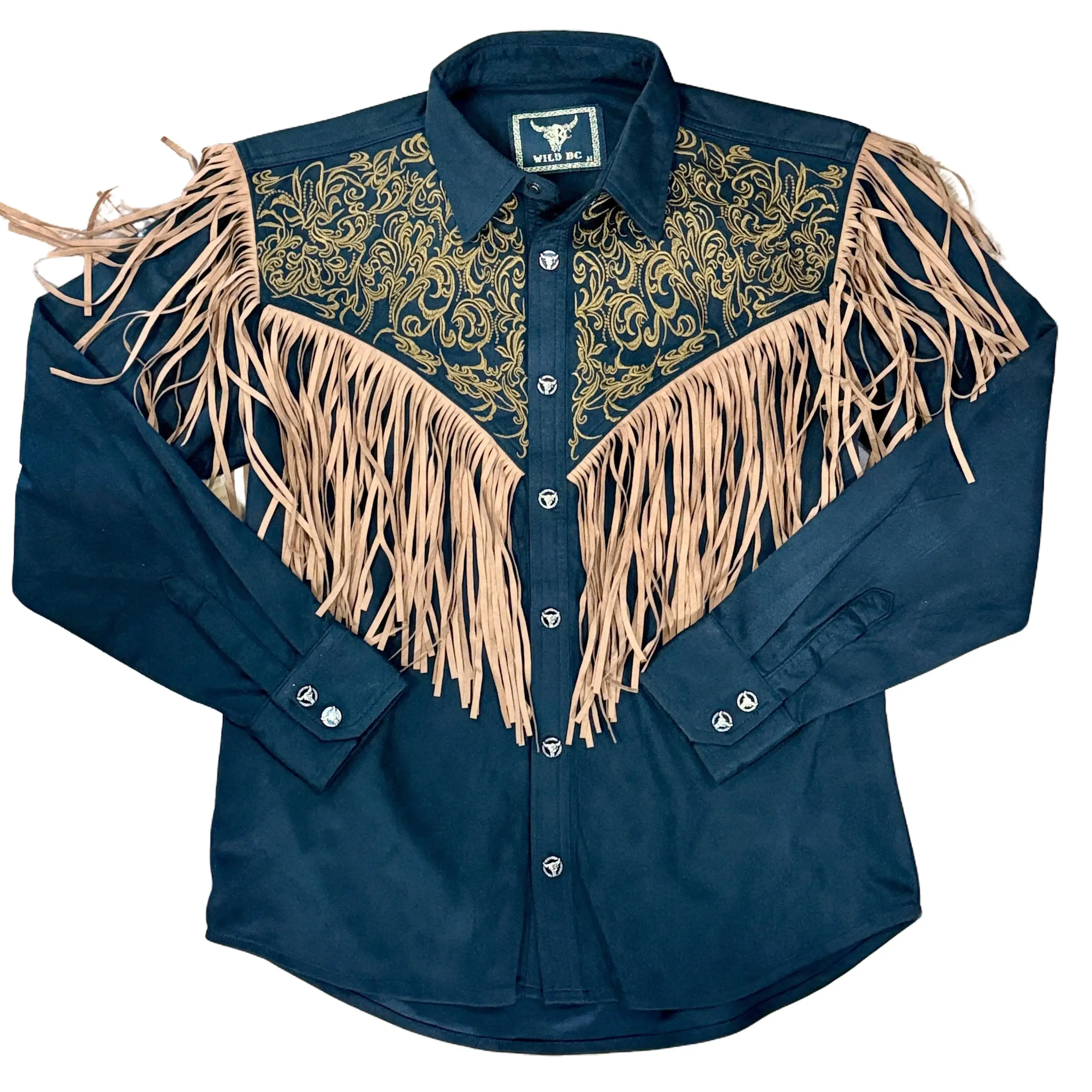 Embroidered Black Suede Western Fringe Long Sleeve Shirt