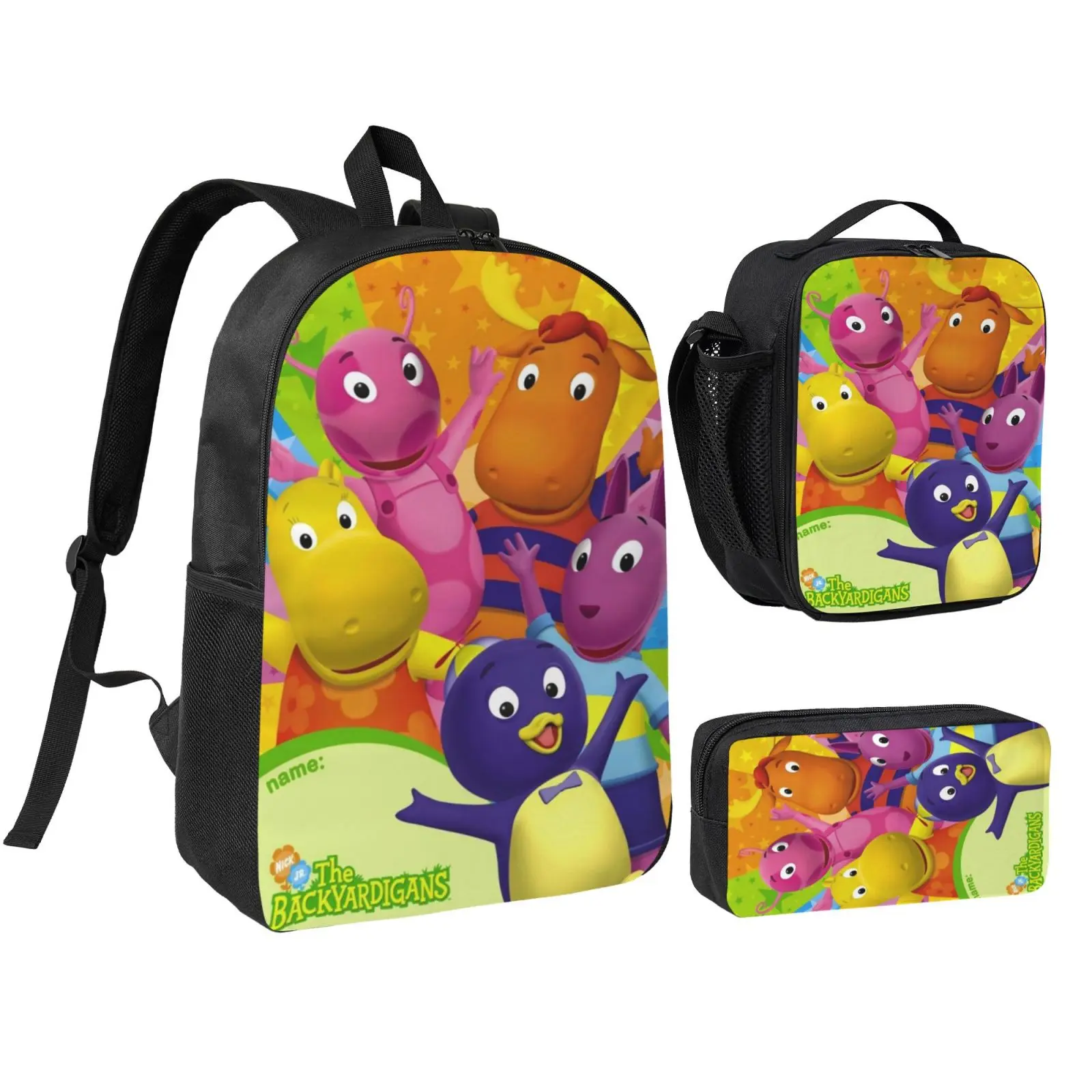 3PCS The Backyardigans Breathable Mesh Backpack Set for Girls and Boys Spacious School Bag with Insulated Lunch Box and Pencil Case Cartoon Casual Bookbag for Kids Great for After-School Activities Family Trips and Daily Campus