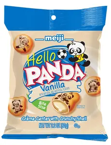Meiji Hello Panda Cookies Vanilla Crème Filled 2.2 oz Bite Size with Fun Panda Sports Shapes Crunchy Shell US Made - Chocolate