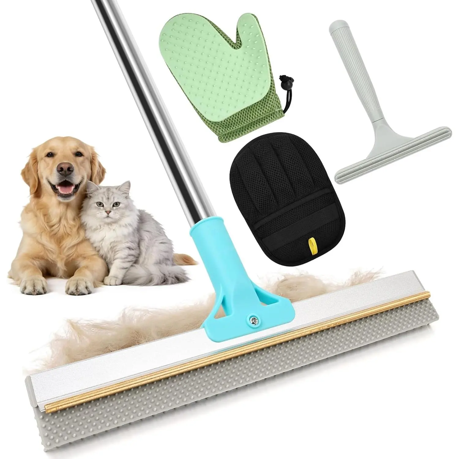4-in-1 Pet Hair Removal Carpet Rake Set - Stainless Steel Grooming Tools with 23-54 inches Rubber Broom, Fleece Reusable Glove, Silicone Comb Glove, Magic Brush, Small Scraper for Sofa, Rugs