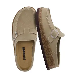 CUSHIONAIRE Women's Hobby Genuine Leather Cork Footbed Clog with Comfort, Arch Support, Buckle Strap, Slip-On Mules -Taupe 11