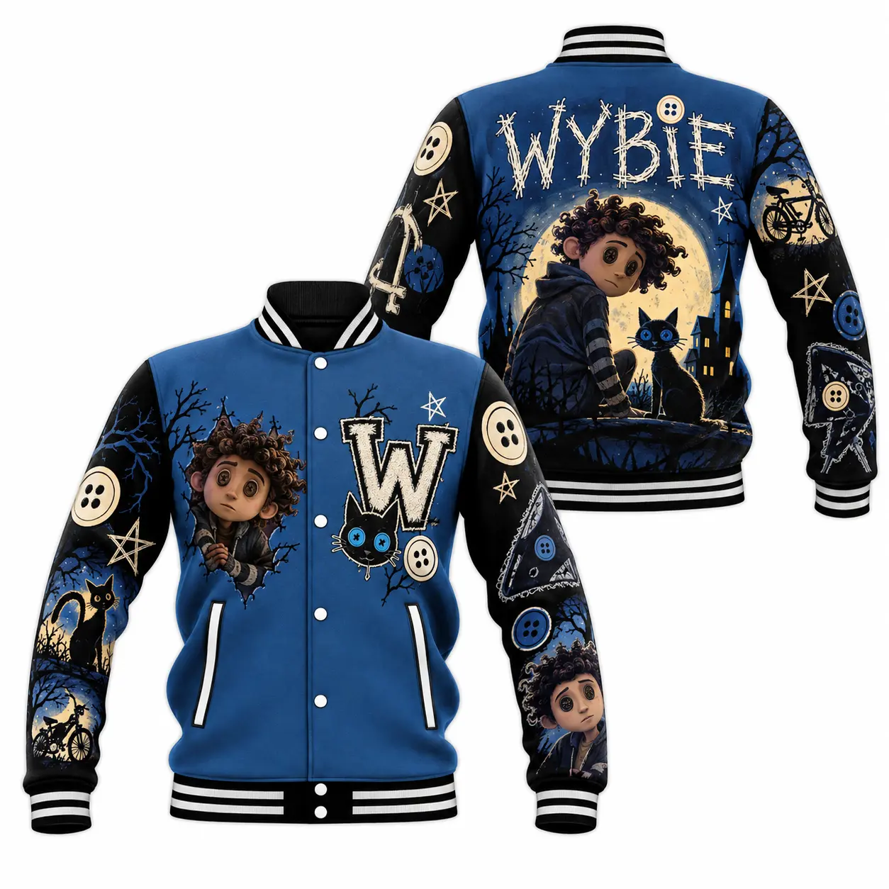Wybie Baseball Jacket LN, Gothic Cartoon Inspired Polyester Varsity Outerwear for Cosplay Fans