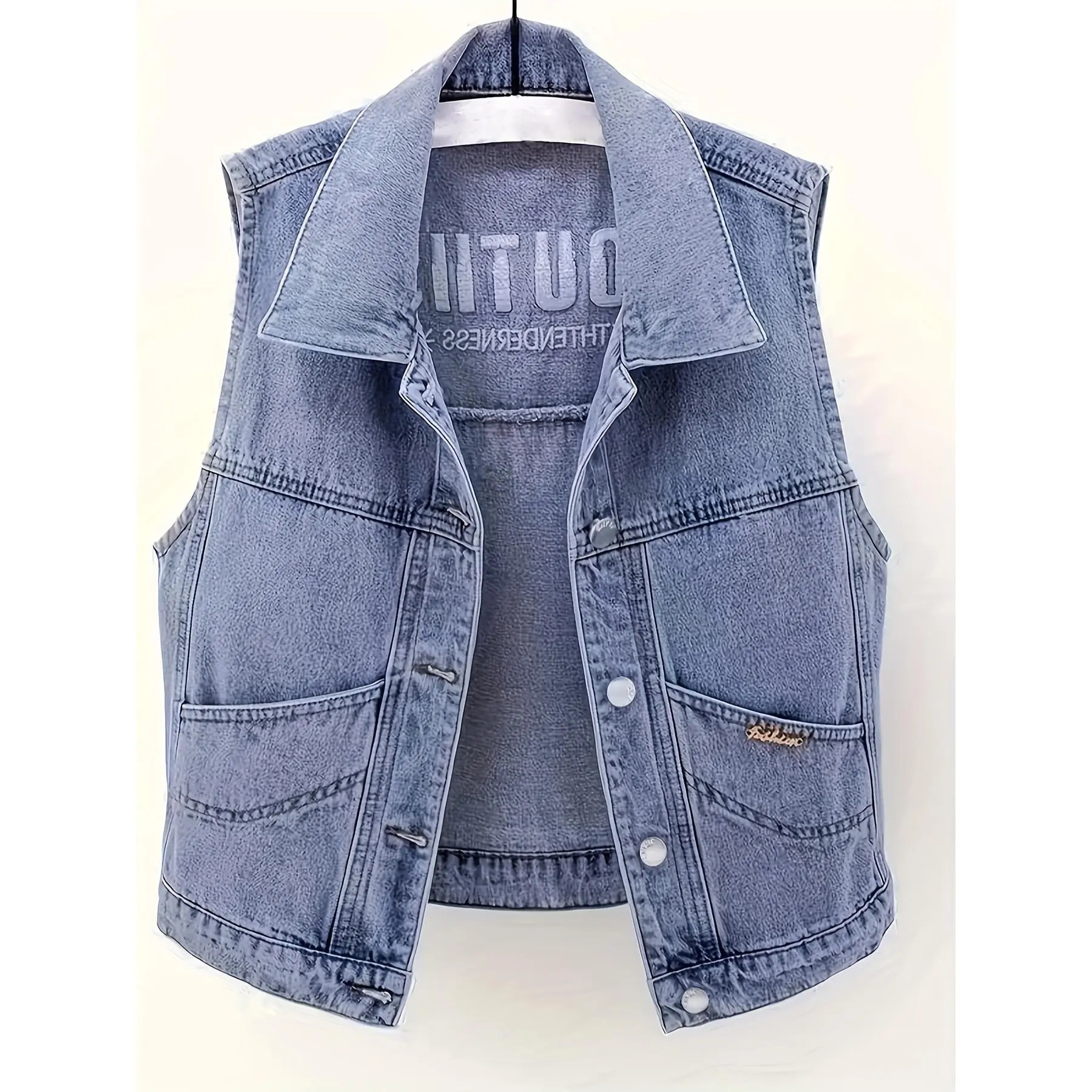 Chic Embroidered Denim Vest for Women - Sleeveless, Button-Up, Casual Spring & Fall Outerwear