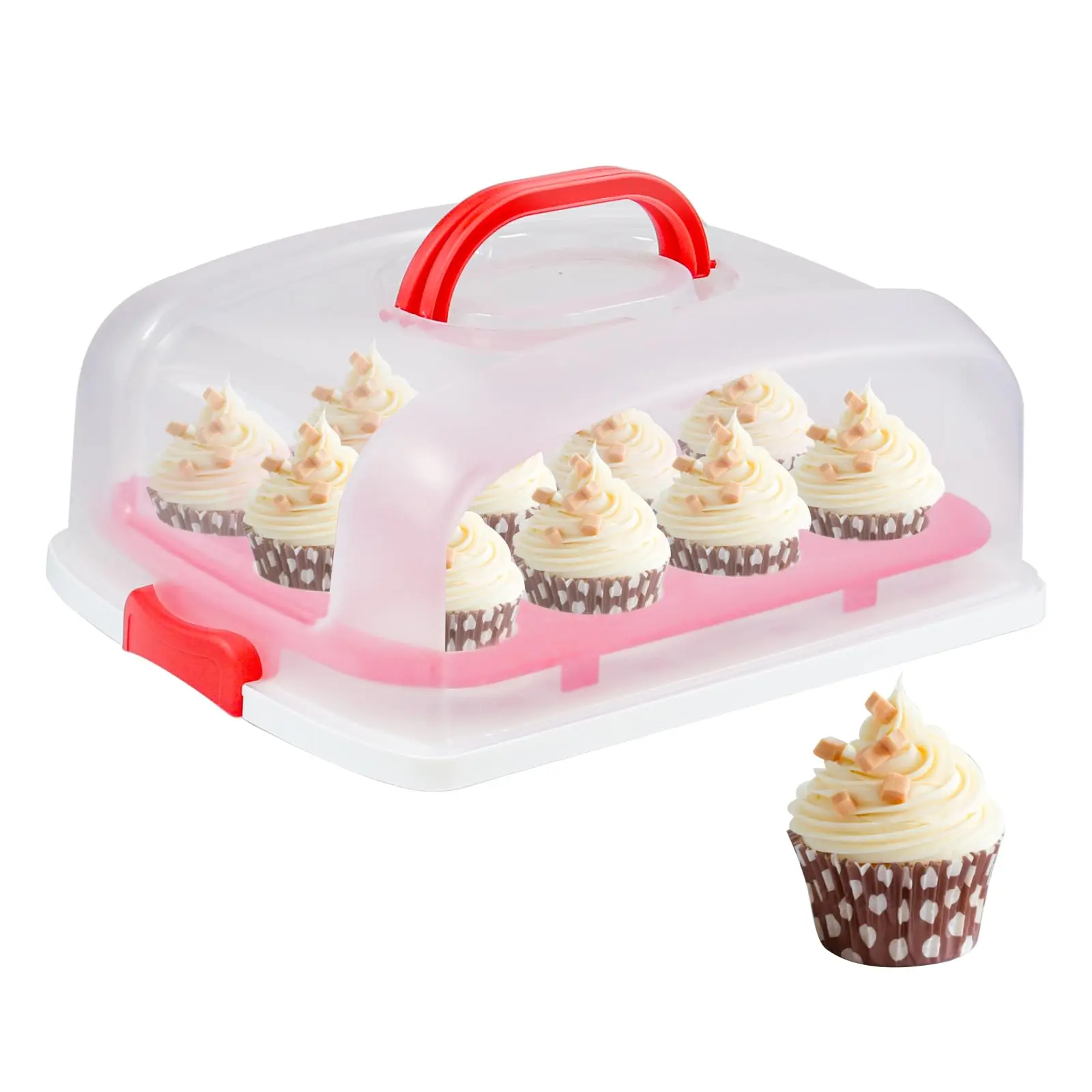 2in1 Cupcake Carrier And Cake Keeper With Lid  Rectangle Pie Large Portable Storage Container For Storing 12 Cupcakes Or 1 (red)