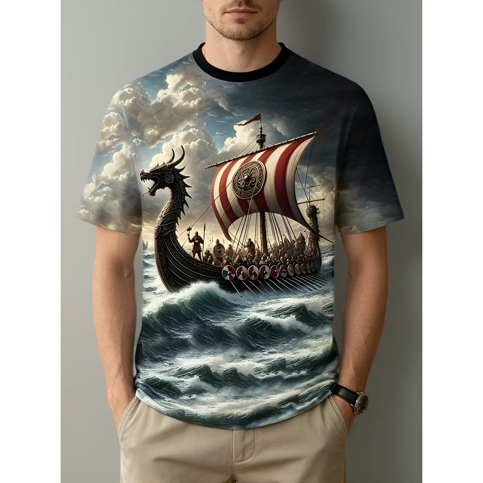Mens Viking Ship Print T-Shirt - Breathable Summer Short Sleeve Tee with Viking Longship Design, Round Neck Regular Fit Casual Shirt Suitable for Daily Wear & Themed Outfits, Machine Washable Viking Graphic Top, PLUS SIZE