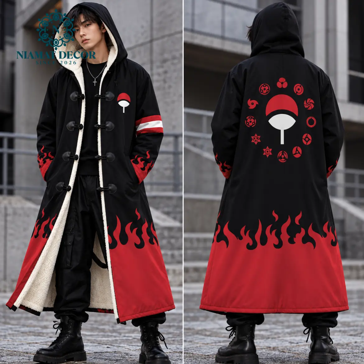 Men's Uchiha Clan Inspired Long Hooded Trench Coat, Black Red Sharingan Flame Graphic Cloak with Soft Fleece Lining, Unisex Anime Cosplay Jacket, Toggle Button Closure, Oversized Gothic Streetwear Winter Coat, Halloween Outfit