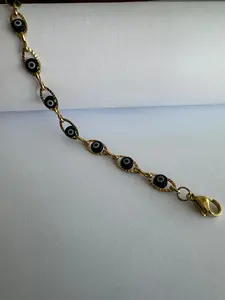 18K Gold Plated Stainless Steel Evil Eye Bracelet with Black Enamel Charm