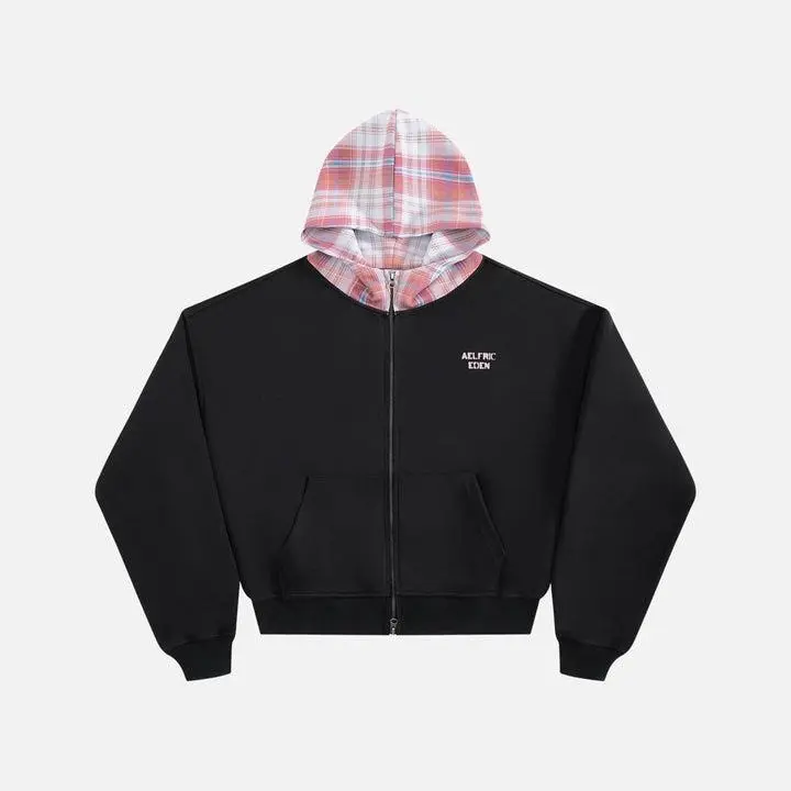 Aelfric Eden Boxy Plaid Hood Zip Up Hoodie Oversized Boxy Cropped Fit Plaid Hood Panel Full Zip Closure Soft Fabric Retro Preppy Streetwear Unisex Top