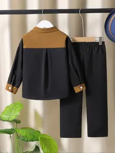 Trendy Colorblock Boys' Shirt Set, Patchwork Design, Children, Comfortable & Easy to Wear, Stylish for Kids, Casual Set, Outfit