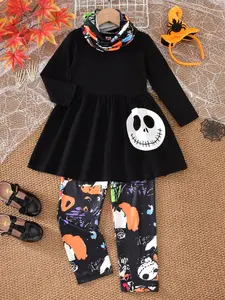 KOZBY Halloween Toddler Outfit for Girls - Spooky Black Dress with Smiley Face Print, Pumpkin Leggings, and Witch Hat, Perfect Costume for Holiday Party and Cute Photos
