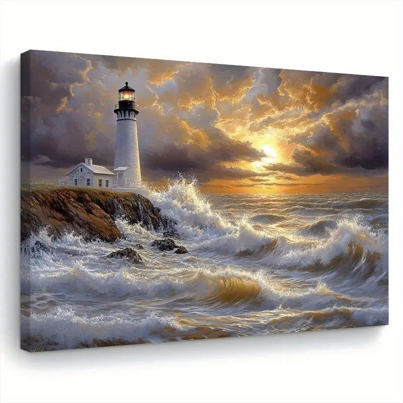 11.8x15.7in Hangable Sunset Lighthouse Canvas Wall Art with Wood Frame - Coastal Home Decor for Living Room, Bedroom - Serene Landscape Print, Unisex Gift, Ready to Use Home Supplies, 11.8 X 15.7 Inches