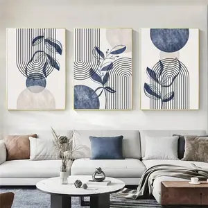 3pcs Bohemian Blue Plant Geometric Leaf Canvas Wall Art, Set of 3 Unframed Posters for Living Room & Bedroom Decoration
