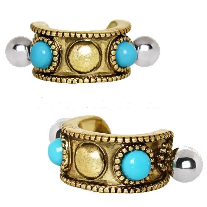 Antique Gold Plated Turquoise Cartilage Cuff Earring, Barbell, Beachy