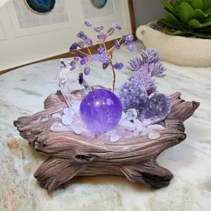 Natural Amethyst and Wood Garden--Natural Crystal Home Decor, Ametrine Sphere, Rainbow Clear Quartz, Druzy Amethyst Heart & Amethyst Tree