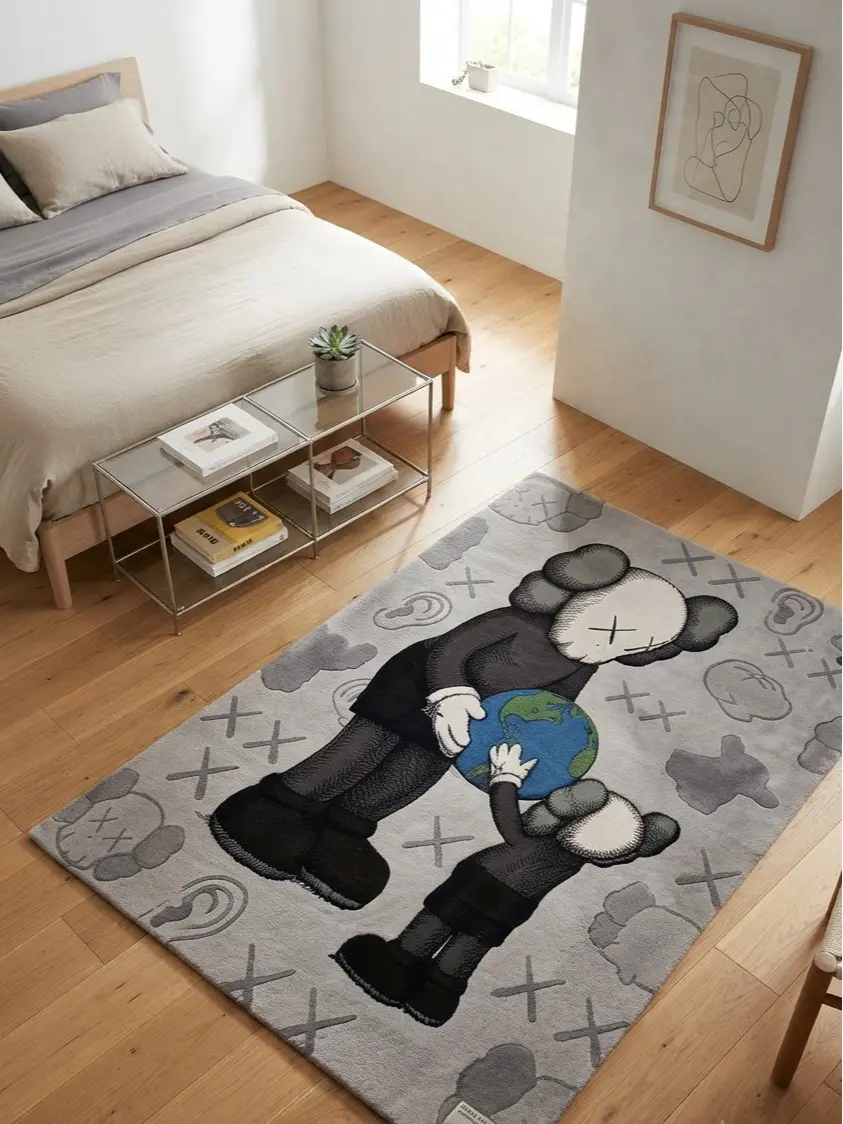 Grey KAWS Inspired Hand Rug, Pop Art Abstract Carpet, Grey Hypebeast Decor