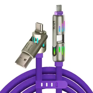 240W 4-in-1 USB C Multi Charger Cable with LED Indicator, PD 5A Fast Charging & Data Sync, Silicone, Compatible for iPhone, Samsung, Laptop, 3.3FT (Purple) 4-in-1 Multi USB Charging Cable Device Durable