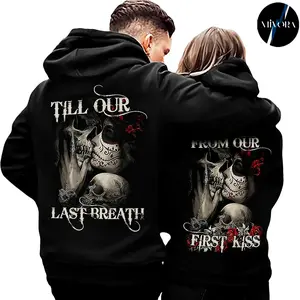 Skull And Rose Couple Hoodies From Our First Kiss Till Our Last Breath Graphic Hoodie Casual Fleece Fabric Pullover Hooded Sweatshirt for Women for Men, Perfect Love Gift