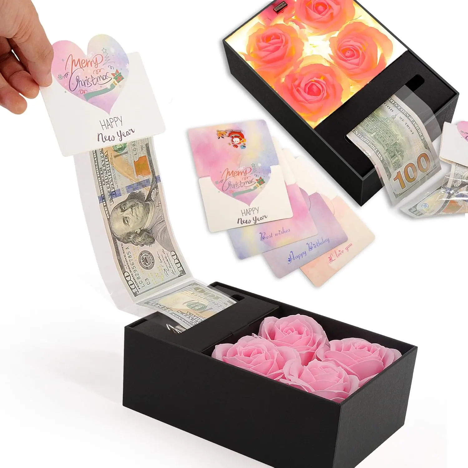 Money Box for Cash Gift Pull, Money Gift Boxes for Cash on Birthday, Christmas, Graduation, Mother's Day, for Husband, Wife, Girlfriend, Mother With Soap Rose Flower and Greeting Cards