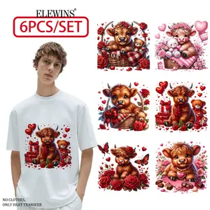 6 Sheets Watercolor Valentine Heart Highlander Cow Gold Foil DTF Transfer Heat Transfer Vinyl for Tshirt Hoodie Jeans Backpack Pillow Machine Washable Festival Gift Creative Sticker for Men Women